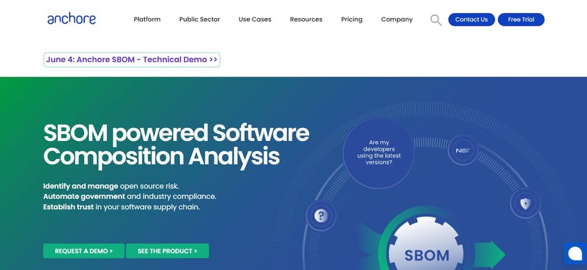Anchore homepage promoting SBOM-based software composition and supply chain analysis