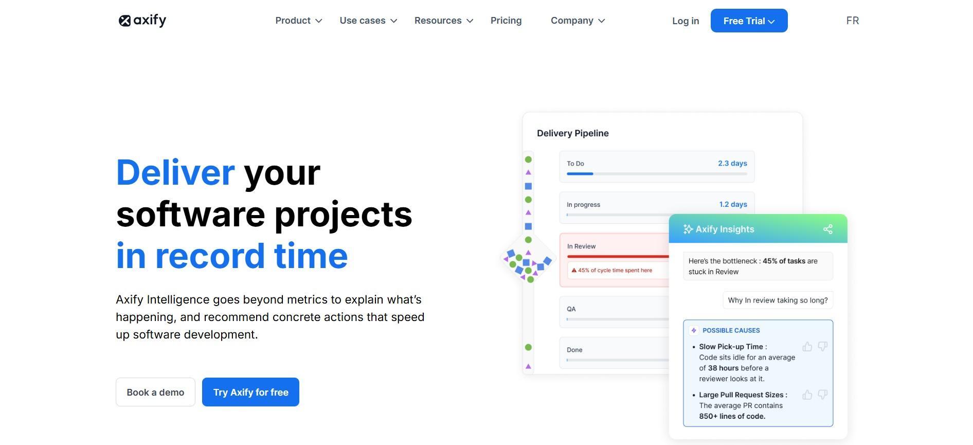 Axify platform dashboard displaying delivery pipeline, cycle time, and AI-driven insights for optimizing software projects and delivery.