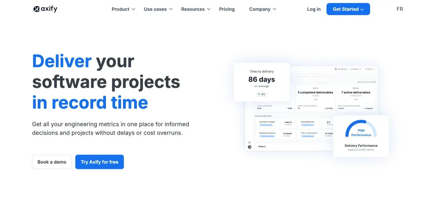 Axify landing page showing delivery metrics and high-performance engineering data.