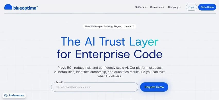 BlueOptima presenting its AI trust layer for enterprise code and risk visibility.