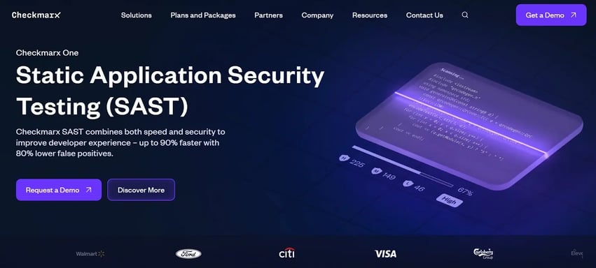 Checkmarx homepage showing SAST tool benefits with performance and accuracy stats