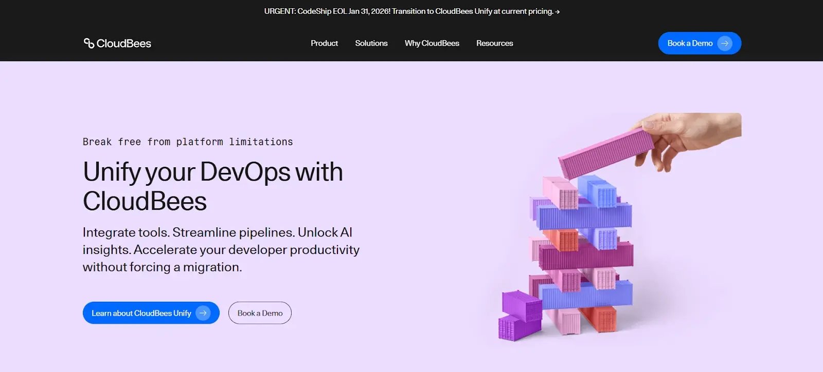 CloudBees platform promoting DevOps unification, AI insights, and streamlined pipelines.