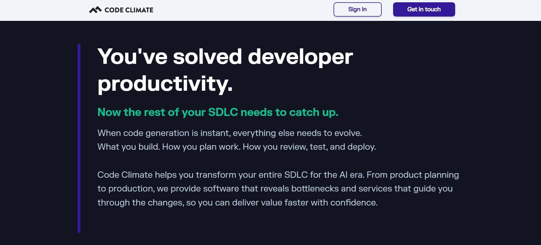 Code Climate Velocity platform interface showcasing developer productivity solutions for SDLC in the AI era, including bottleneck identification and value delivery.