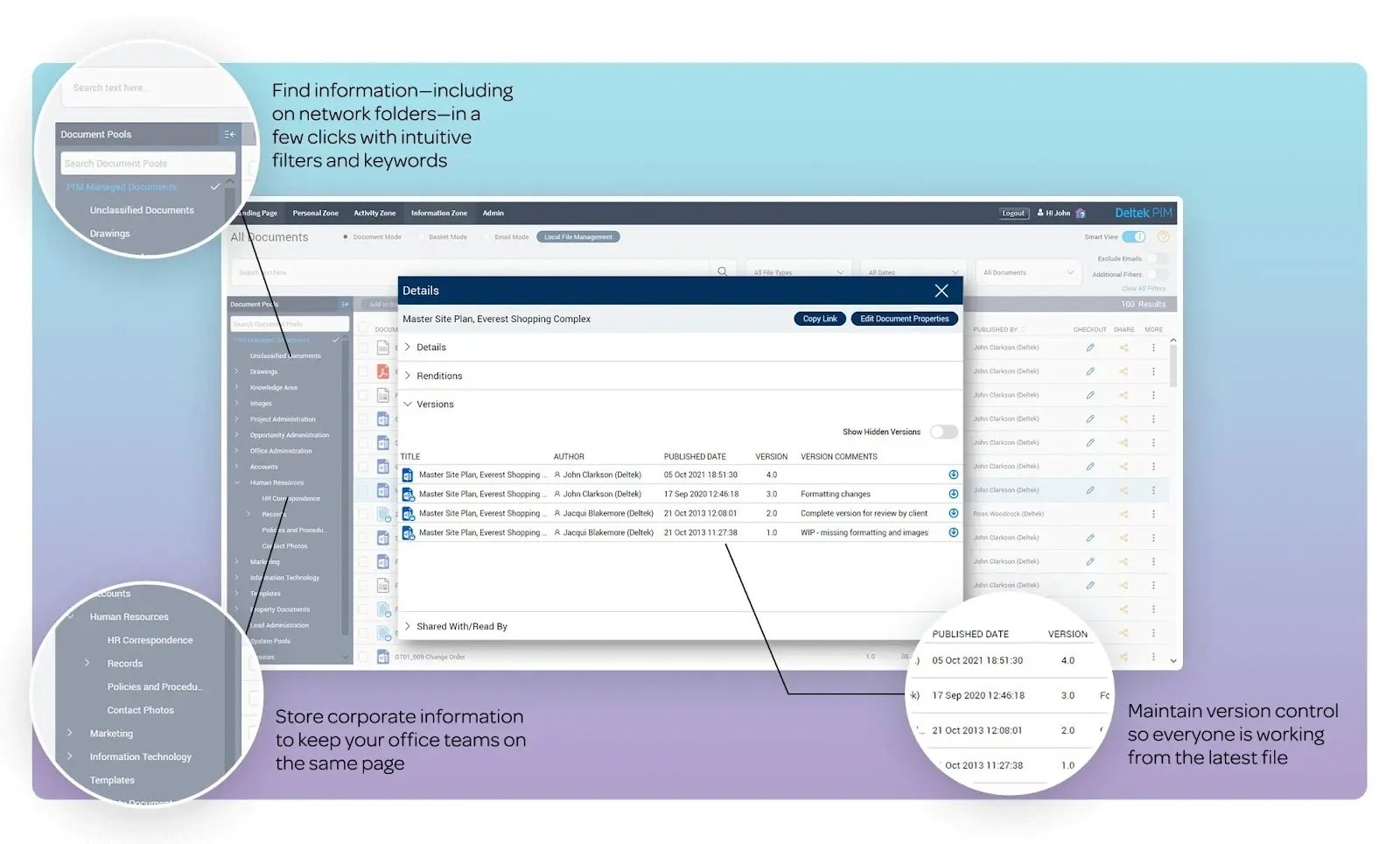 Deltek's document management system showing file organization, version control, and filters.