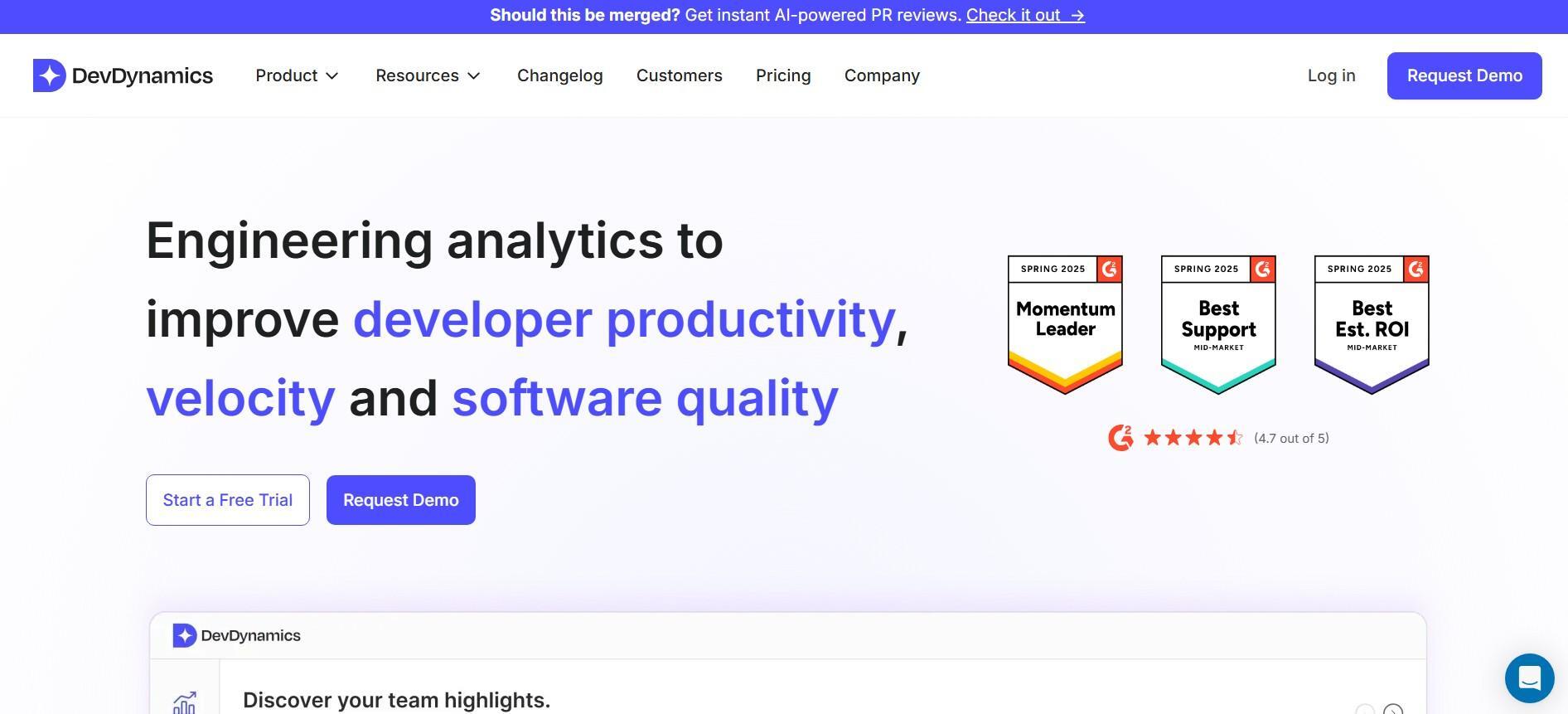DevDynamics homepage showcasing engineering analytics for improving developer productivity, velocity, and software quality, highlighting awards.