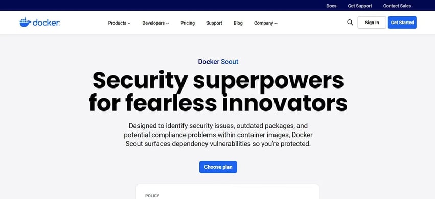 Docker Scout homepage focused on detecting container security and compliance issues