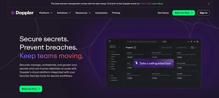Doppler homepage offering secret management and identity governance at scale