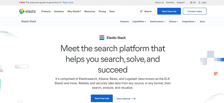 Elastic Stack homepage offering integrated search, observability, and security tools