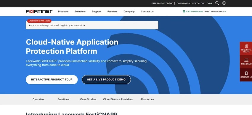 Fortinet homepage highlighting its cloud-native application protection platform