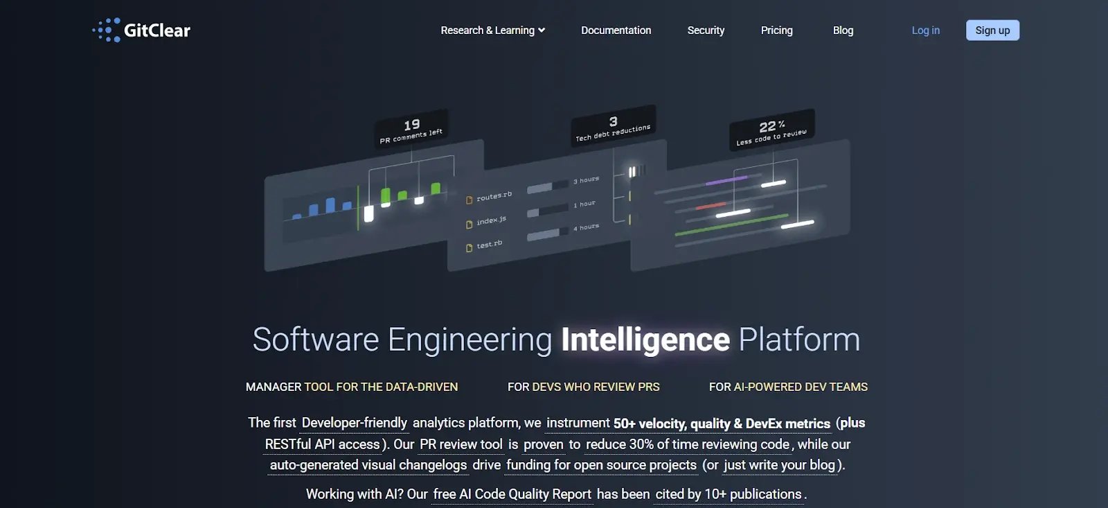 GitClear software engineering platform showing metrics for velocity, quality, and DevEx.