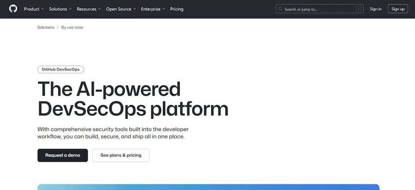 GitHub Advanced Security home page highlighting their AI-powered DevSecOps platform