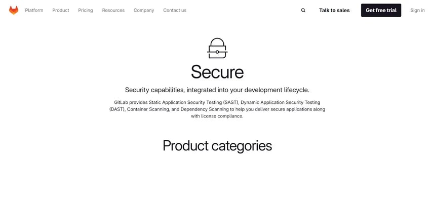 GitLab Secure homepage showing SAST, DAST, and scanning tools for secure DevOps