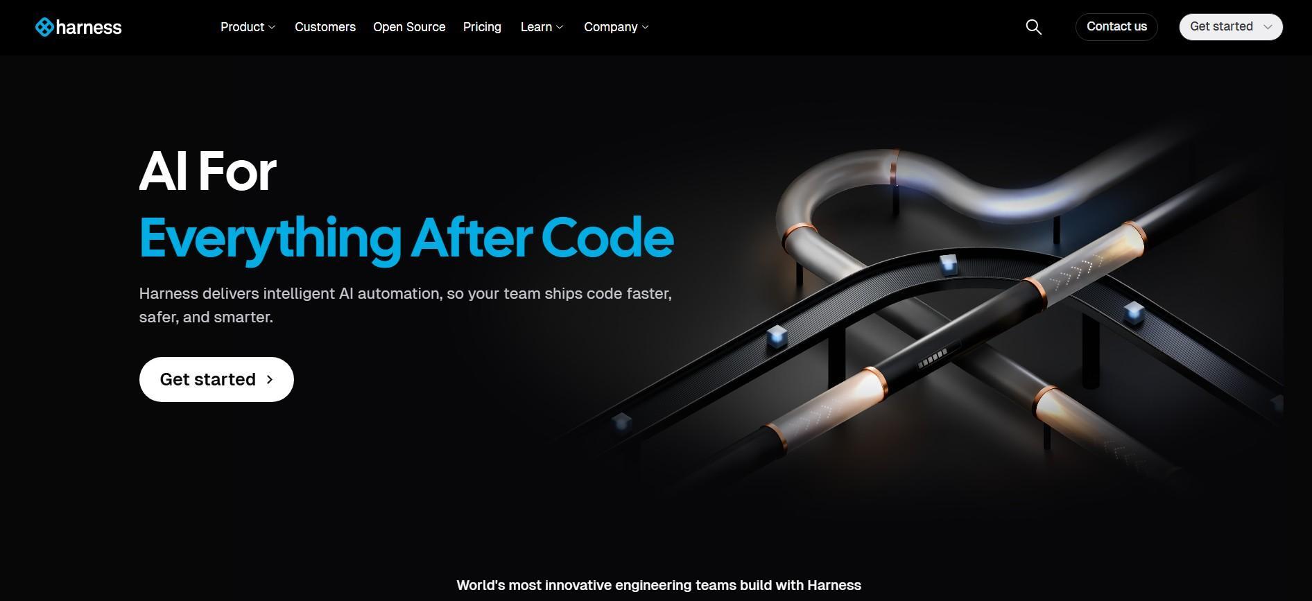 Harness homepage displaying "AI For Everything After Code" with abstract pipeline graphics representing intelligent AI automation for faster, safer code delivery.