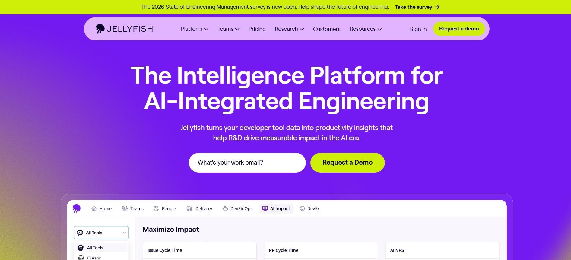 Jellyfish website screenshot showcasing "The Intelligence Platform for AI-Integrated Engineering" with navigation, demo request and feature previews like "Maximize Impact"