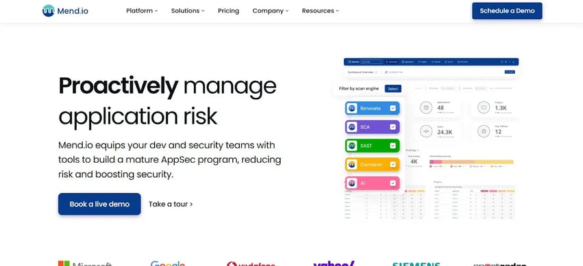 Mend.io homepage showing SCA, SAST, container, and AI risk scanning tools
