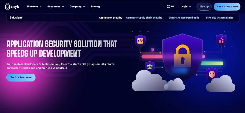Snyk homepage banner promoting application security and faster development.