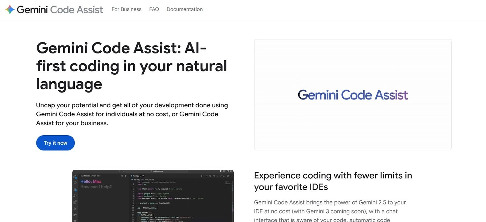 Gemini Code Assist AI tool for natural-language coding and IDE integration.