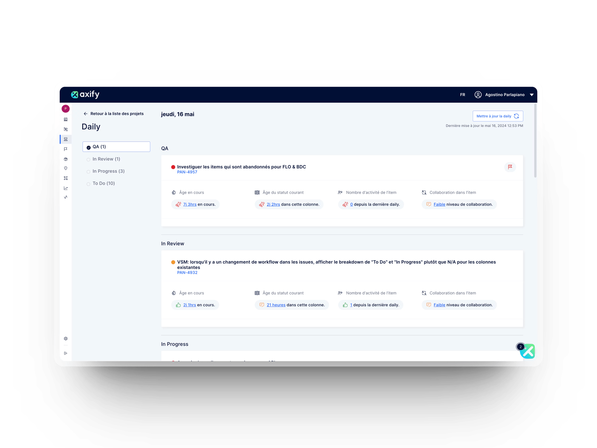 Aperçu du Daily Digest dans Axify, un outil d’aide à la daily pour faciliter vos cérémonies, rencontres et rituels quotidiens de développement logiciel