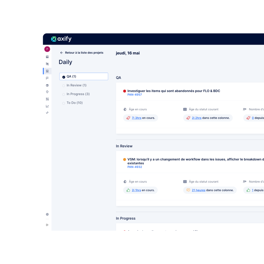 Aperçu du Daily Digest dans Axify, un outil d’aide à la daily pour faciliter vos cérémonies, rencontres et rituels quotidiens de développement logiciel