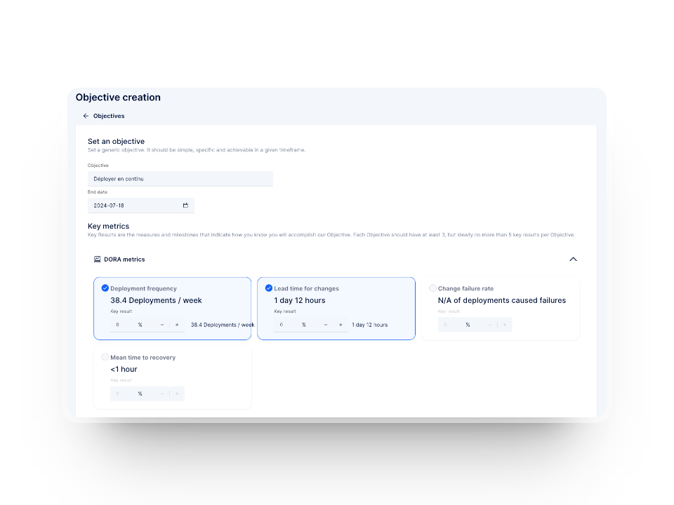 Overview of Axify's objectives and key results tracking for continuous improvement in software development