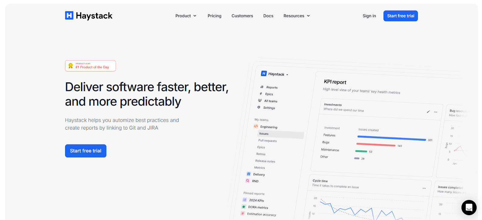 Haystack platform showing KPI report, team metrics, and software delivery insights.