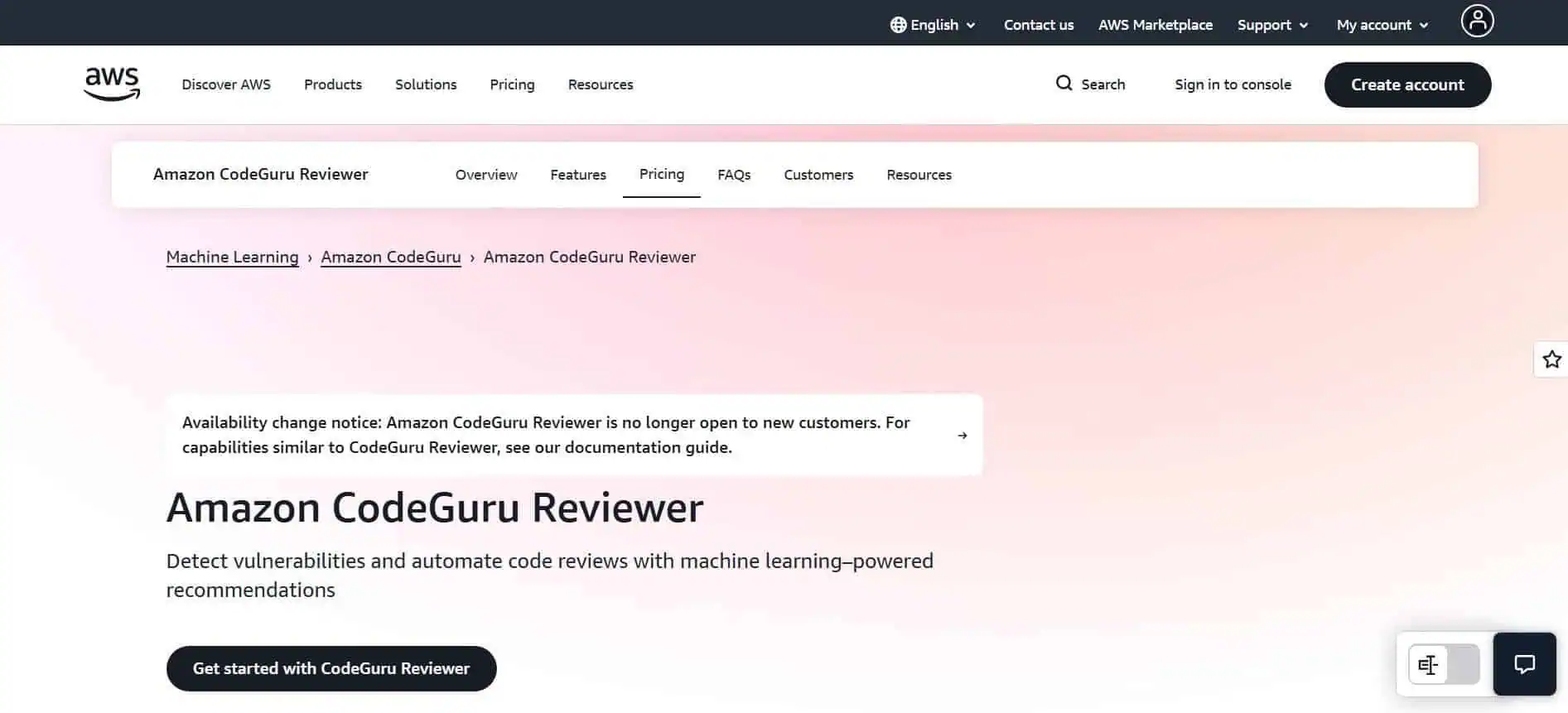 A screenshot of the Amazon CodeGuru Reviewer product page, highlighting its machine learning capabilities for automated code reviews and vulnerability detection.