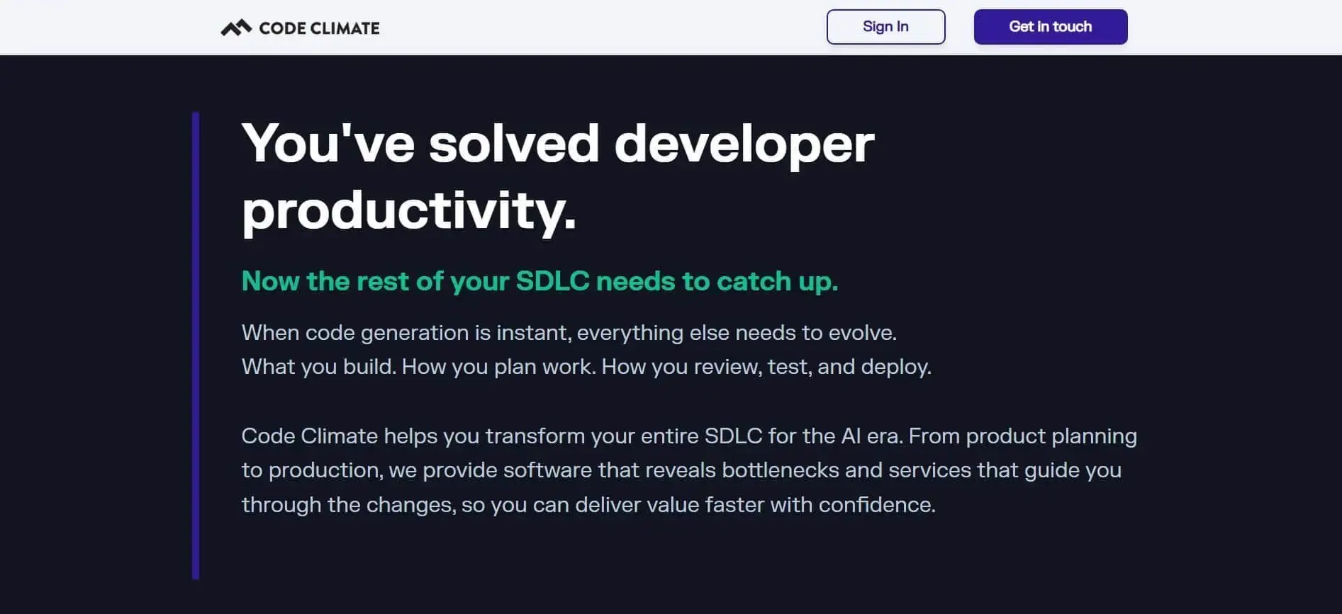 Code Climate advertisement displaying how their platform helps transform SDLC for the AI era and improve developer productivity.