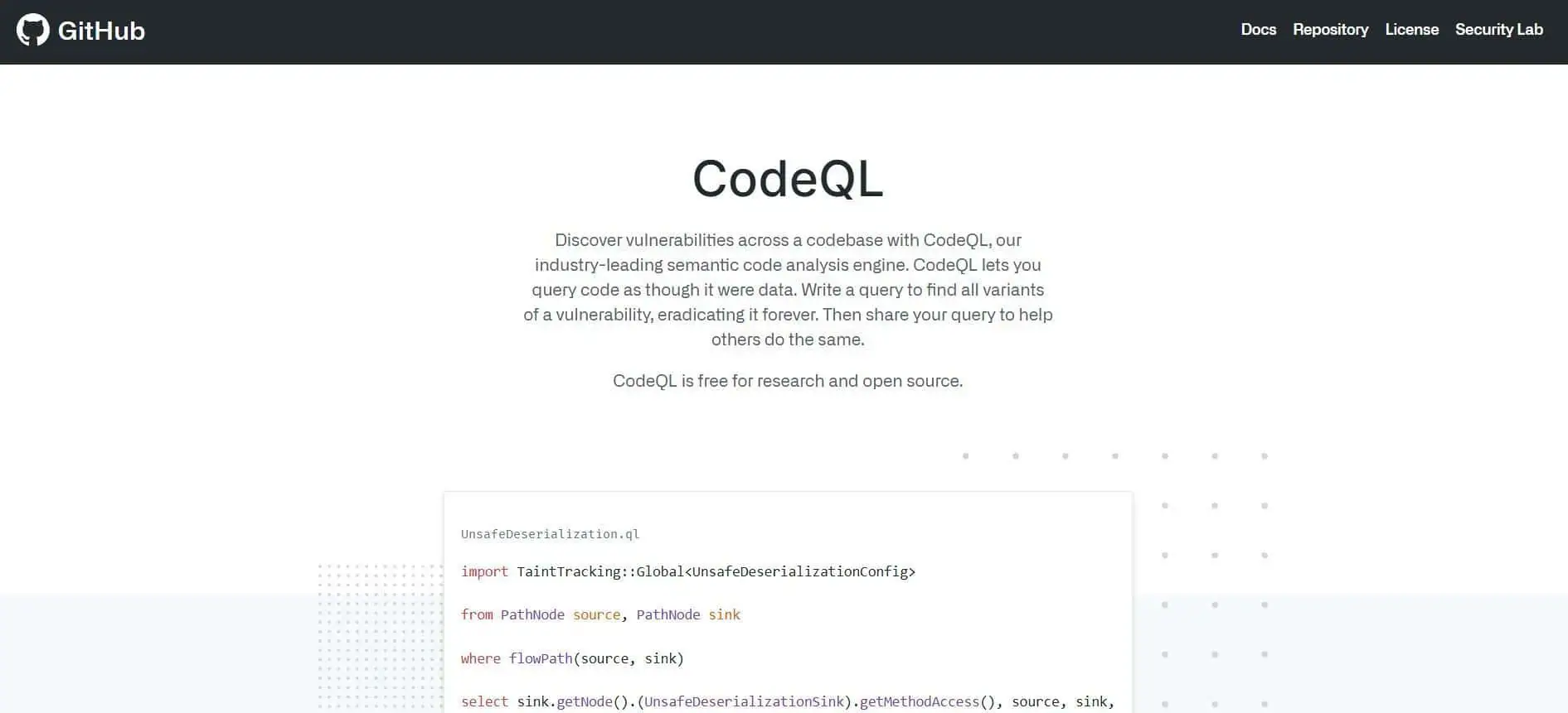A screenshot of the GitHub CodeQL homepage, displaying details about its semantic code analysis engine and a code example for detecting vulnerabilities.