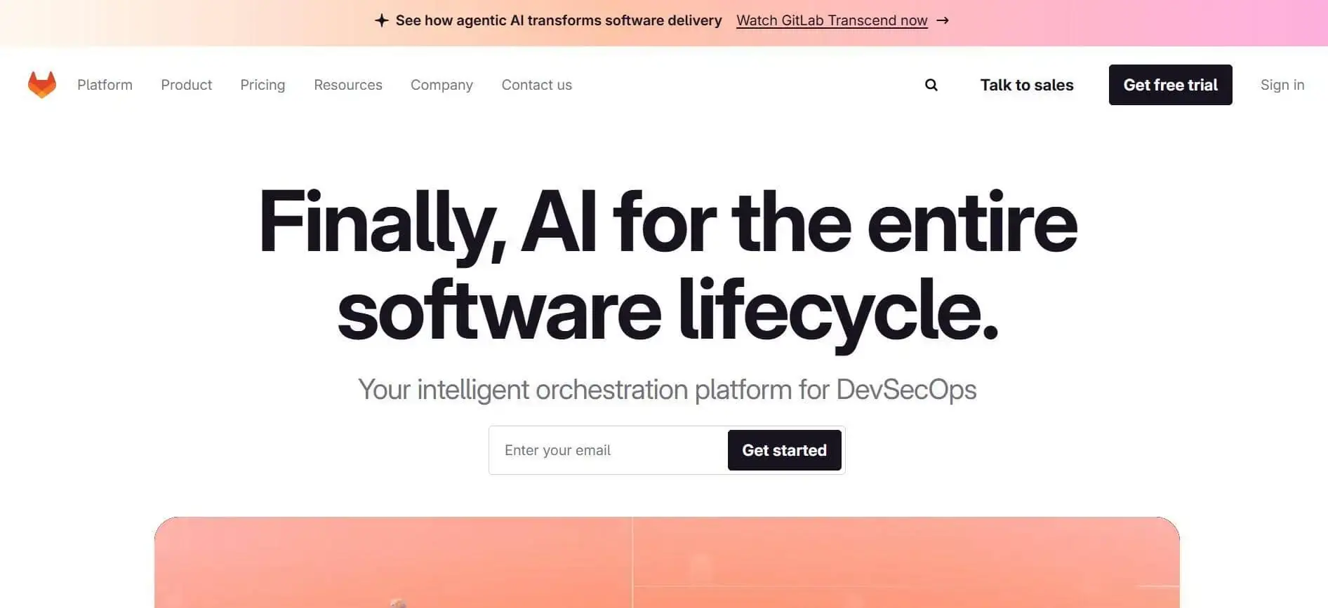 A screenshot of the GitLab homepage, highlighting their AI for software lifecycle solution and DevSecOps platform.