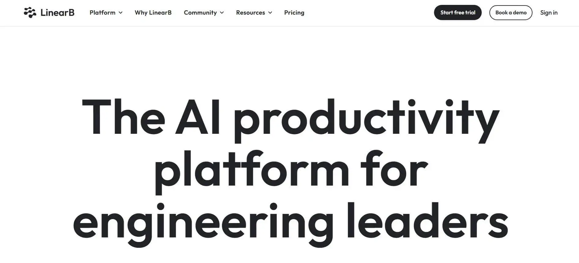 LinearB homepage with main headline: "The AI productivity platform for engineering leaders" and navigation menu options.