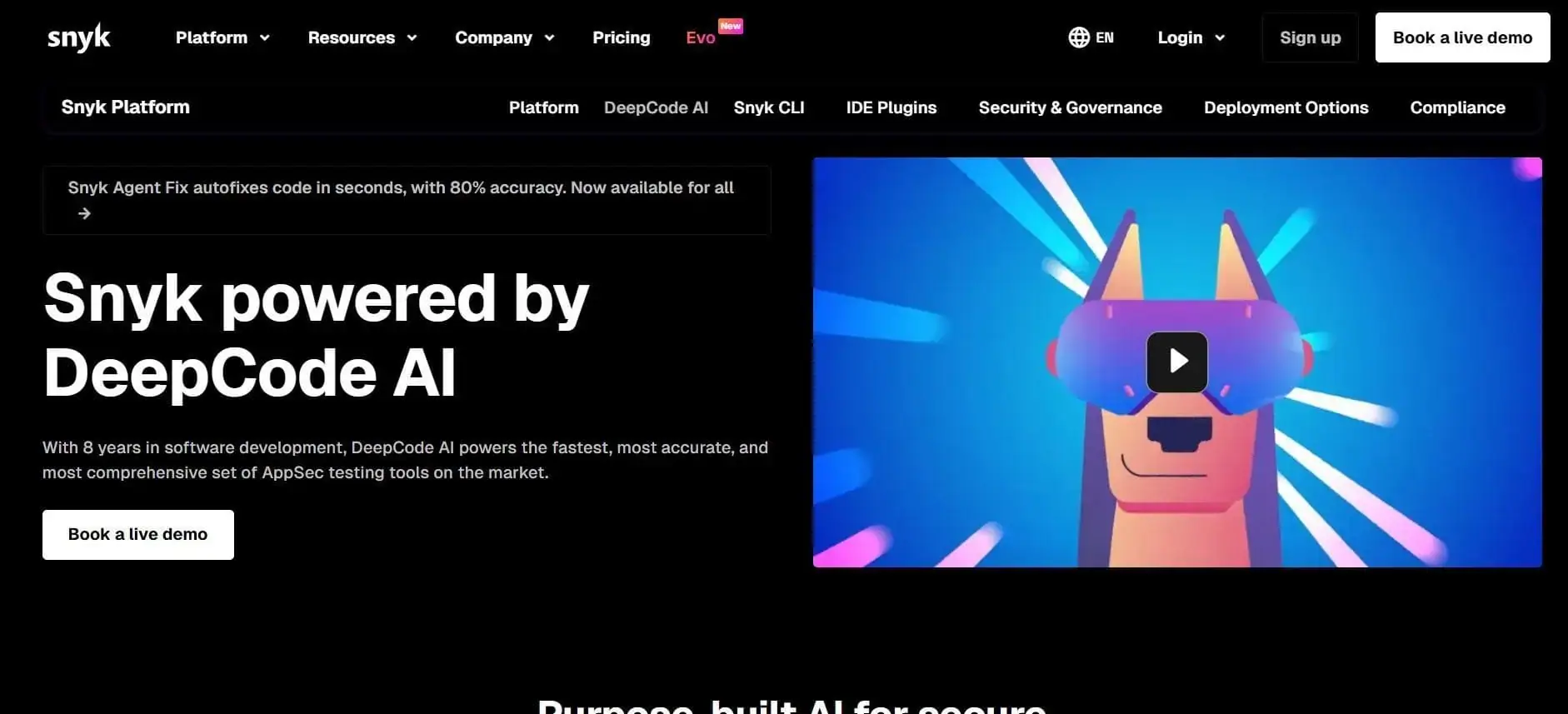 Snyk DeepCode AI marketing page showcasing its features for code autofixing and security analysis, with an animated dog avatar wearing VR goggles.