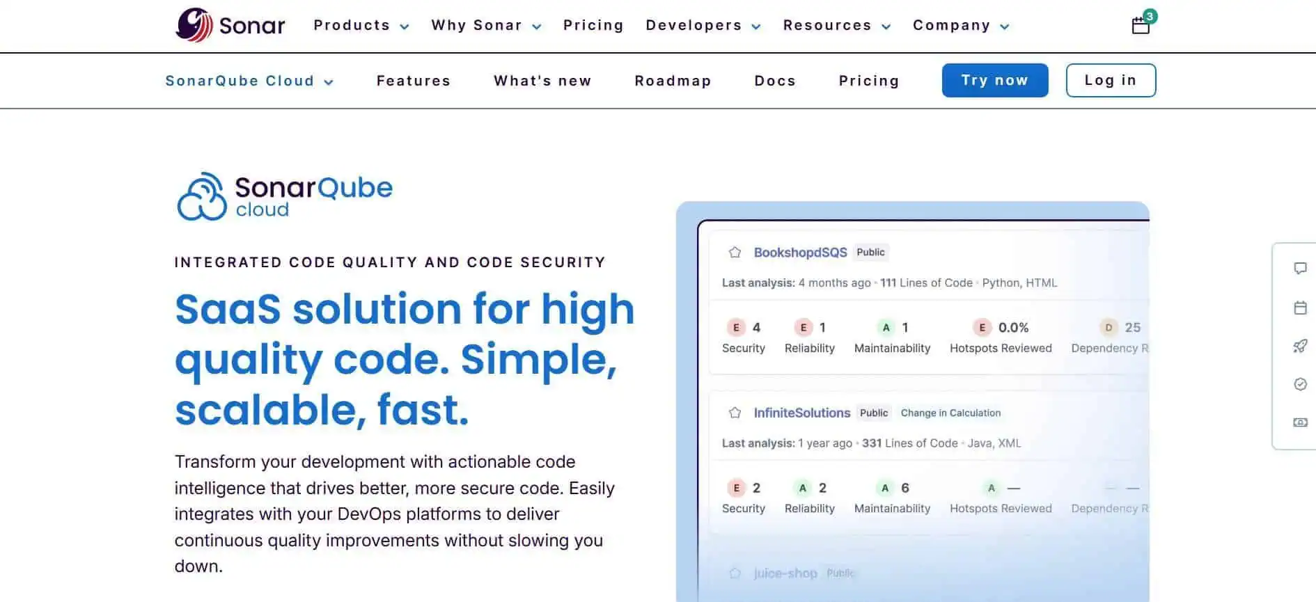 Screenshot of the SonarQube Cloud interface showing integrated code quality and security analysis for various projects, highlighting issues in security, reliability, maintainability, and hotspots.