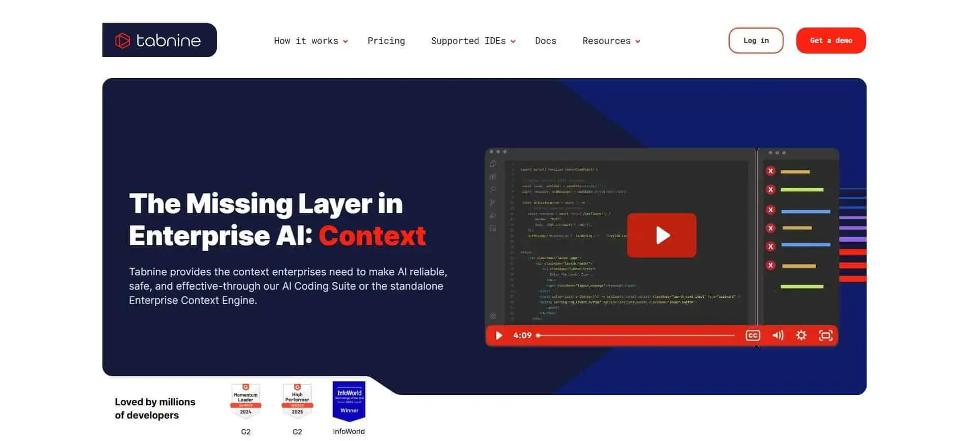 Tabnine homepage showcasing their AI coding tools for enterprise, featuring a code review interface and context engine. The image highlights "The Missing Layer in Enterprise AI: Context".